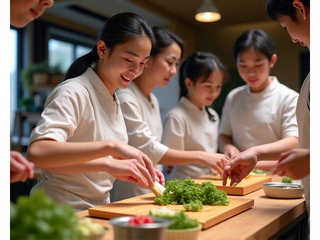 料理教室の様子、生徒たちが活気あふれる空間で伝統的な日本料理を学ぶ